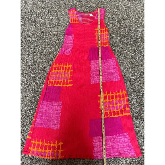 Boho Midi Dress Size Large Pink Patchwork Shirred Bodice Sleeveless Beachy - Picture 12 of 14